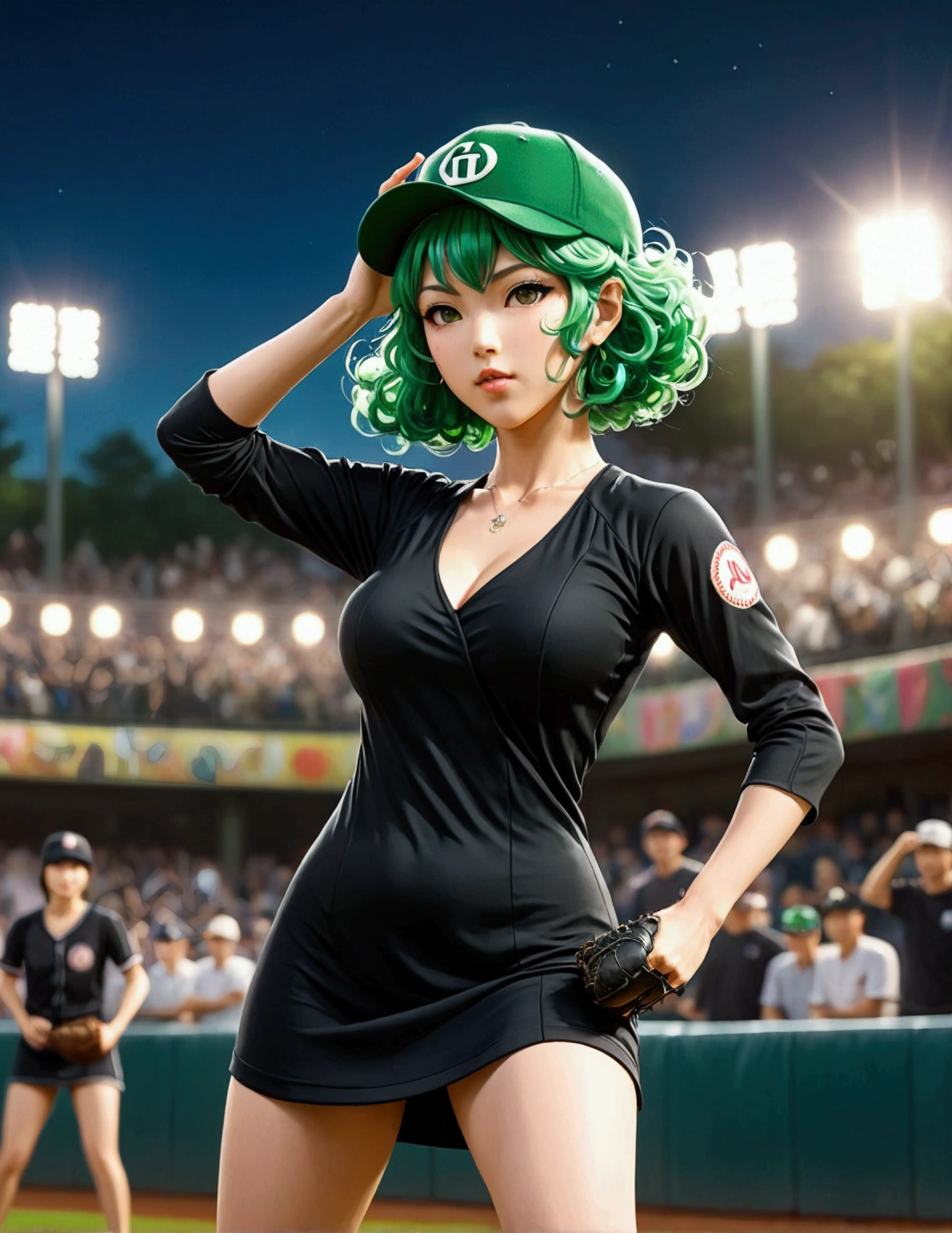 A beautiful Japanese woman (Tatsumaki,black dress, green hair) in a baseball cap pitching a ball, dynamic pitching pose, crowd cheering in the background, bokeh effect, anime style, highly detailed, intricate, vibrant colors, cinematic lighting, photorealistic, masterpiece, (show her entire body, show all of her, show her entire body)
