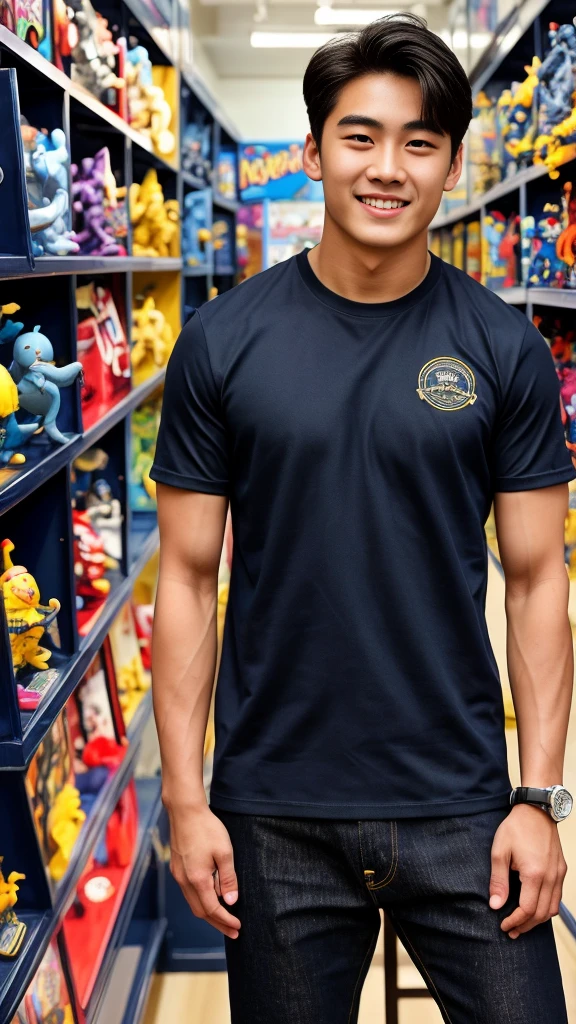 single: 1.5, (ที่TRUEแล้ว, Masterpiece, 8k HD, good light quality, sportswear, to fit the face, complicated details), A handsome Korean man with muscular arms.. , 20 years old, be happy, smile brightly, detailed face, delicate eyes, look at the sky, Wear a navy tight T-shirt..:1.6 ,Wear a denim coat.., Jeans era, black eyes, Black hair color, ผมsmooth, smooth,SurTRUE,Excellent details,Highest quality,TRUE,Open your mouth to talk.. , Close your eyes.., (standing in a toy store:1.5)