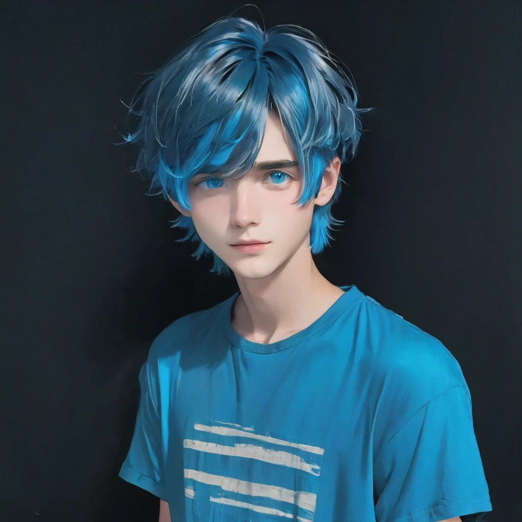 best quality, masterpiece, solo, 1boy, blue hair, shirt, blue eyes, black beckground, full faces