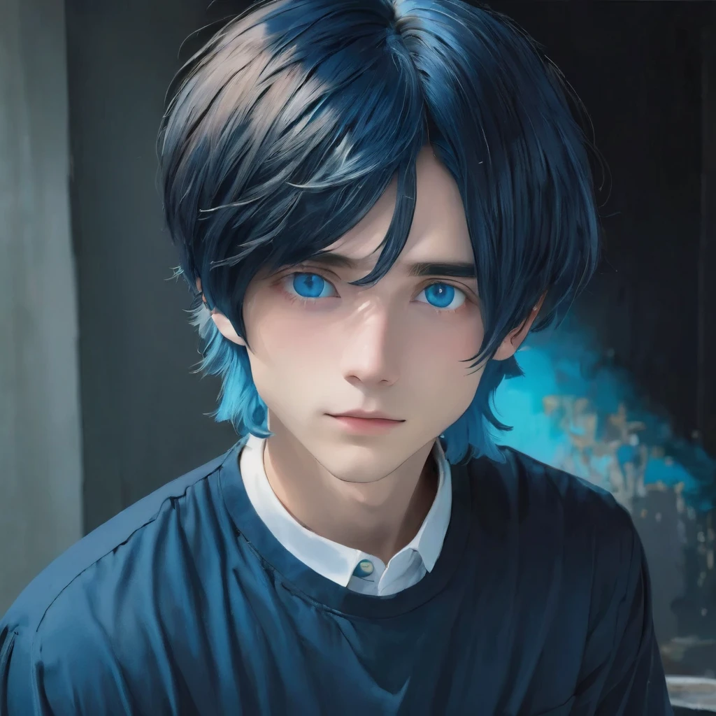 best quality, masterpiece, solo, 1boy, blue hair, shirt,  blue eyes, black beckground, full faces