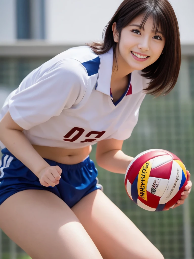 Highest quality, masterpiece, Ultra-high resolution, (Realistic:1.4), Raw photo, One girl, The most famous Japanese actresses, Wearing a volleyball uniform, Very beautiful face, very beautiful big eyes, Very beautiful short hair, Very beautiful skin, Very beautiful long eyelashes, Very beautiful lips, Very beautiful hips, Very beautiful thighs, Upturned buttocks, Dynamic Pose, An innocent smile