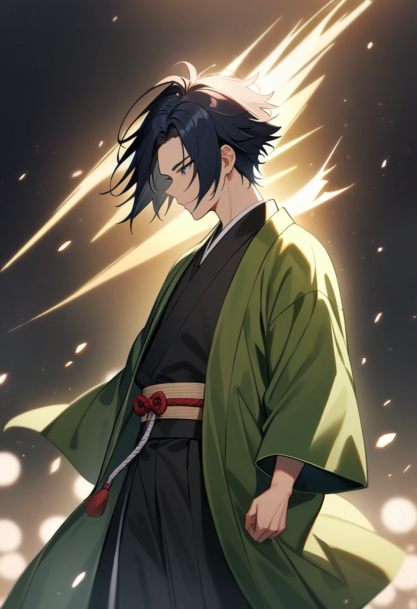 first work, Best Quality, 1 chico, demon slayer art, black kimono, green haori with rays ,japanese clothes, wide, Tomioka&#39;s hair., sleeves_long, White skin, black hair with red highlights. man, He has green eyes that are always shining.. He wears a completely black kimono and a haori decorated with lightning bolts.., uniform. Holding a green sword., Green leaf B, sparkling water, The power of thunder, lightning breath