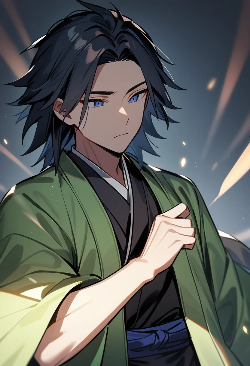 first work, Best Quality, 1 chico, demon slayer art, black kimono, green haori with rays ,japanese clothes, wide, Tomioka's hair., sleeves_long, White skin, black hair with red highlights. man, He has green eyes that are always shining.. He wears a completely black kimono and a haori decorated with lightning bolts.., uniform. Holding a green sword., Green leaf B, sparkling water, The power of thunder, lightning breath