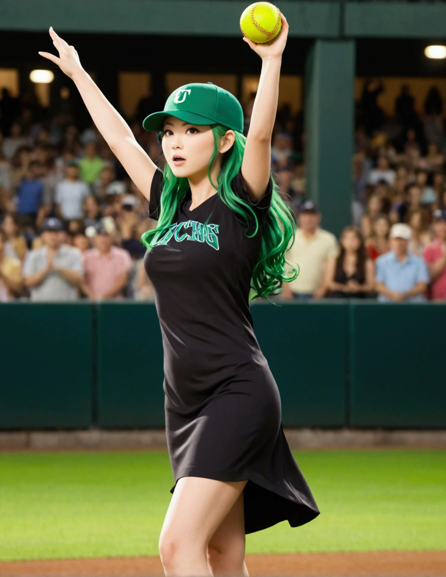 A beautiful Japanese woman (Tatsumaki,black dress, green hair) in a baseball cap pitching a ball, dynamic pitching pose, crowd cheering in the background, bokeh effect, anime style, highly detailed, intricate, vibrant colors, cinematic lighting, photorealistic, masterpiece, (show her entire body, show all of her, show her entire body)