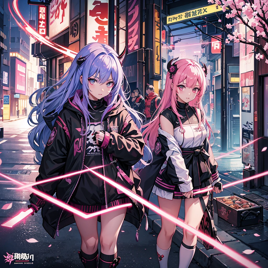 Cyberpunk 2077, anime, portrait, singular character, streetwear, harajuku, samurai, demon, little demon wings, little horns,purple,pink,blue, neon colors,swords and pistols,tattoos, female, long hair, mask,genshin impact, honkai star rail, chainsaw man, bungou straydogs,bangs,attack on titan, japanese, hanako, sakura cherry blossoms