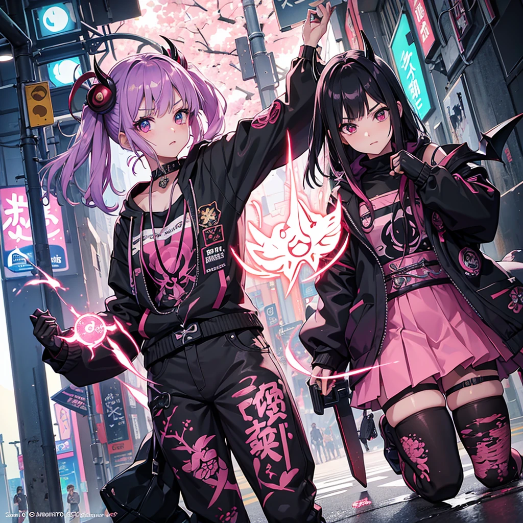 Cyberpunk 2077, anime, portrait, singular character, streetwear, harajuku, samurai, demon, little demon wings, little horns,purple,pink,blue, neon colors,swords and pistols,tattoos, female, long hair, mask,genshin impact, honkai star rail, chainsaw man, bungou straydogs,bangs,attack on titan, japanese, hanako, sakura cherry blossoms