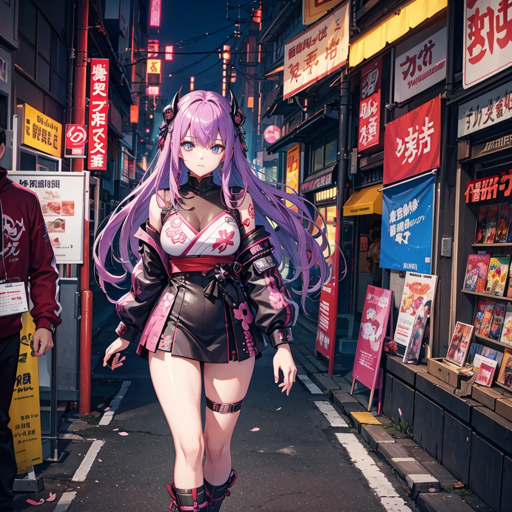 Cyberpunk 2077, anime, portrait, singular character, streetwear, harajuku, samurai, demon, little demon wings, little horns,purple,pink,blue, neon colors,swords and pistols,tattoos, female, long hair, mask,genshin impact, honkai star rail, chainsaw man, bungou straydogs,bangs,attack on titan, japanese, hanako, sakura cherry blossoms