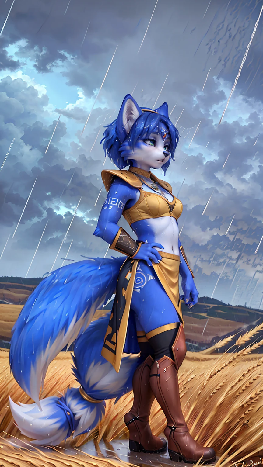 A beautiful and detailed (sweet picture) of ((Krystal)), Star Fox Krystal,  green eyes, medium breasts, (((Long blue hair 1.3))),  anthro, furry, (of Fluff-Kevlar, Bayard Wu, Personalami, Pino Daeni),  detailed fluffy fur, detailed face, (fluffy), 1 girl, alone, hair cover one eye:1.4, (((stands in the rain:1.4))), Heavy rain, storm, (((stands on a wheat field:1.3))), (((looks at the sky:1.4))), has a sad facial expression, to see from the side, to see in profile, wears tribal clothing with leather armor, wears tribal top with leather armor