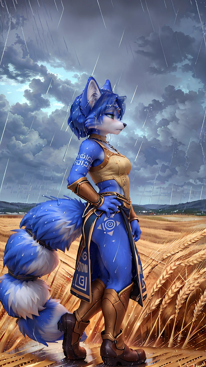 A beautiful and detailed (sweet picture) of ((Krystal)), Star Fox Krystal,  green eyes, medium breasts, (((Long blue hair 1.3))),  anthro, furry, (of Fluff-Kevlar, Bayard Wu, Personalami, Pino Daeni),  detailed fluffy fur, detailed face, (fluffy), 1 girl, alone, hair cover one eye:1.4, (((stands in the rain:1.4))), Heavy rain, storm, (((stands on a wheat field:1.3))), (((looks at the sky:1.4))), has a sad facial expression, to see from the side, to see in profile, wears tribal clothing with leather armor, wears tribal top with leather armor