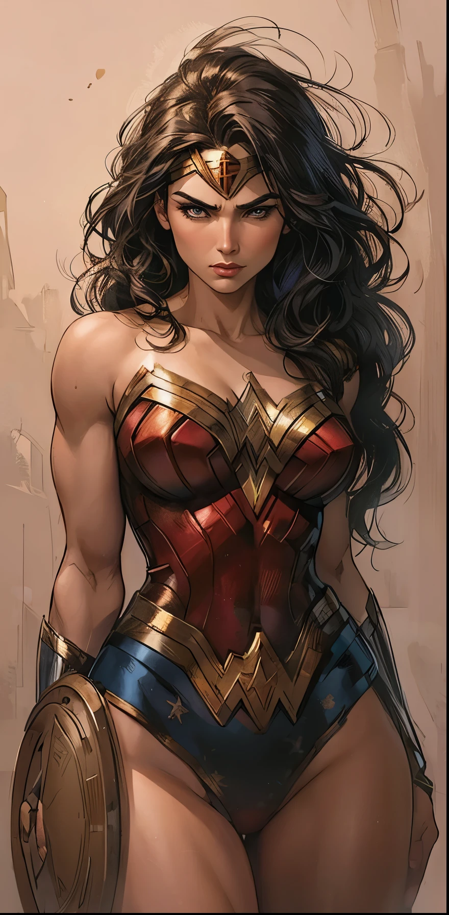 "Detailed digital drawing of a Wonder Woman (Wonder Woman) big-ass, legs thick, Fitness, sexly, in her classic superhero outfit. She is wearing a red and gold outfit with blue accents and a gold W-shaped belt.. Your posture is confident, with your arms at your sides, and she holds the lasso of truth in her left hand. Their hair is long and wavy, falling on shoulders. The expression on her face is serious and determined.."