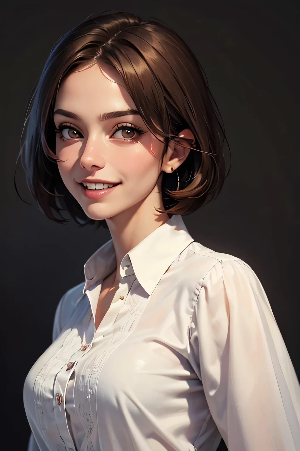 ((masterpiece)), ((Highest quality)), ((Complex)), ((Surreal)), (Realistic), (Mature Woman), ((There are no classes)), Very detailed, (1 female), Beautiful and exquisite, (Beautiful Teeth), Grin, Brunette Bob Hair, Brown eyes, ((blouse)), (Upper Body), (background:none), Perfect Eyes, Captivating eyes, Looking at the audience