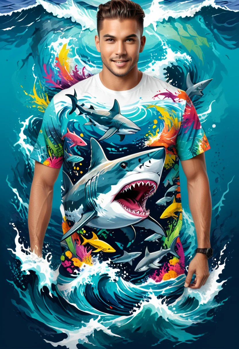 A t-shirt with a colorful illustration of sharks in the middle of the rough sea, At the center, swirly vibrant colors, paint splashes and smears, high détail,hawaii island background
(artwork, best quality, proffesional, perfect composition, very aesthetic, absurdrez, super verbose, Intricate details:1.3)