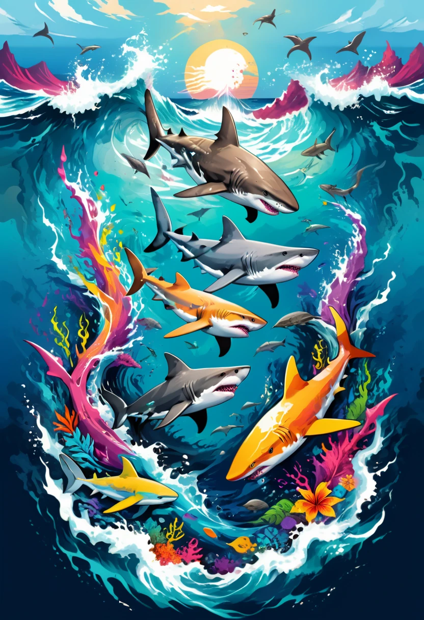 A t-shirt with a colorful illustration of sharks in the middle of the rough sea, At the center, swirly vibrant colors, paint splashes and smears, high détail,hawaii island background
(artwork, best quality, proffesional, perfect composition, very aesthetic, absurdrez, super verbose, Intricate details:1.3)