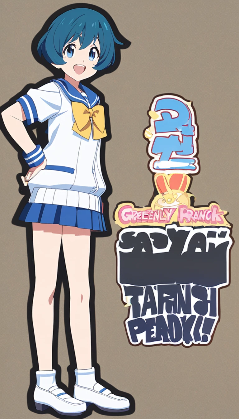 18-year-old, young girl, anime, short hair, pretty eyes, blue hair, full body, sailor suit, short pleated skirt, big smiling very happy, BREAK (greenback), black outline, (stand up straight), anatomically correct