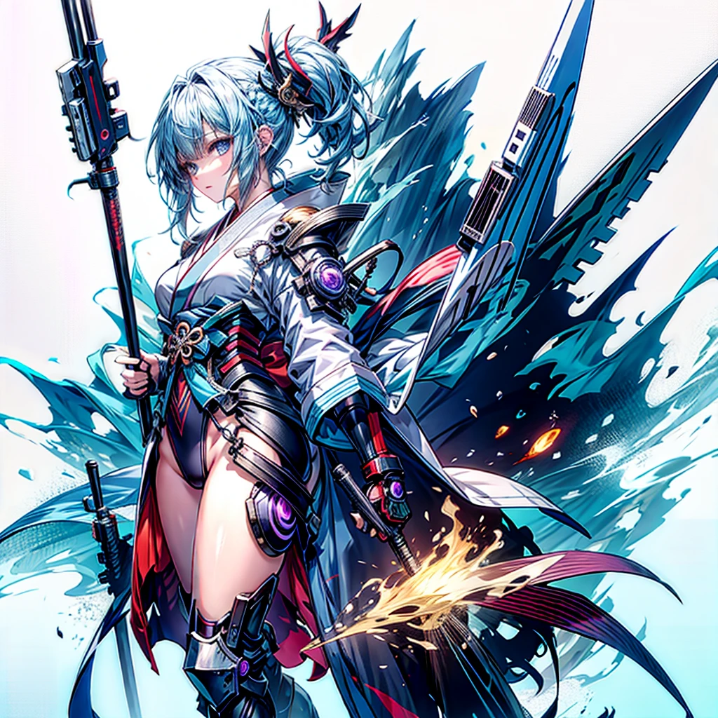 (Tabletop), (Perfect athletic body:1.2), Anime Style, whole body, Cyberpunk Girl, Ocean blue twin hairstyles for blue eyes, Wearing a kimono, Black and Purple Flaming Fist, Burnt mechanical limbs, Standing in the Wilderness, Flame burning in the chest, White Background, whole body,composition