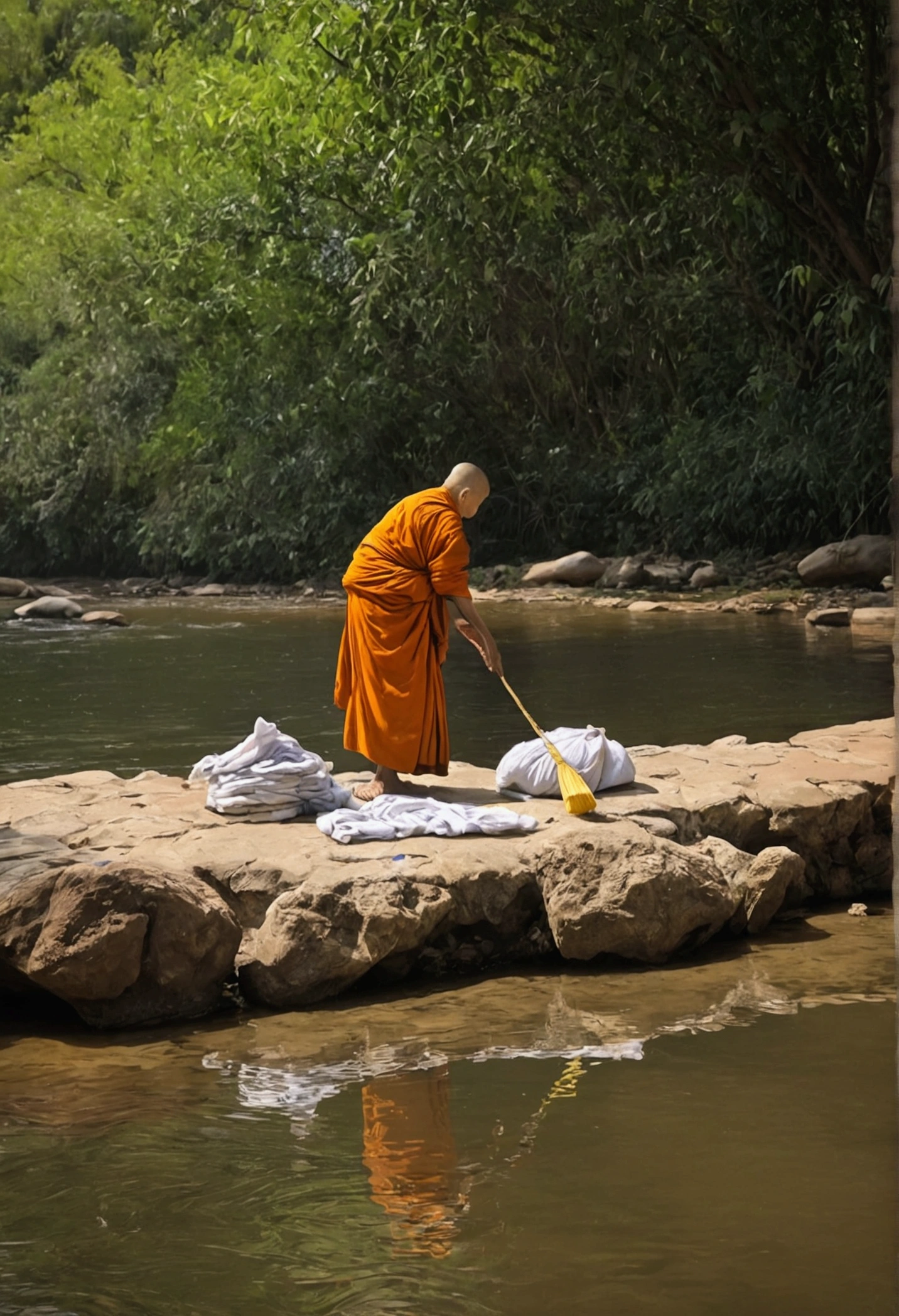 old woman washing cloth at river,The monks watching from behind