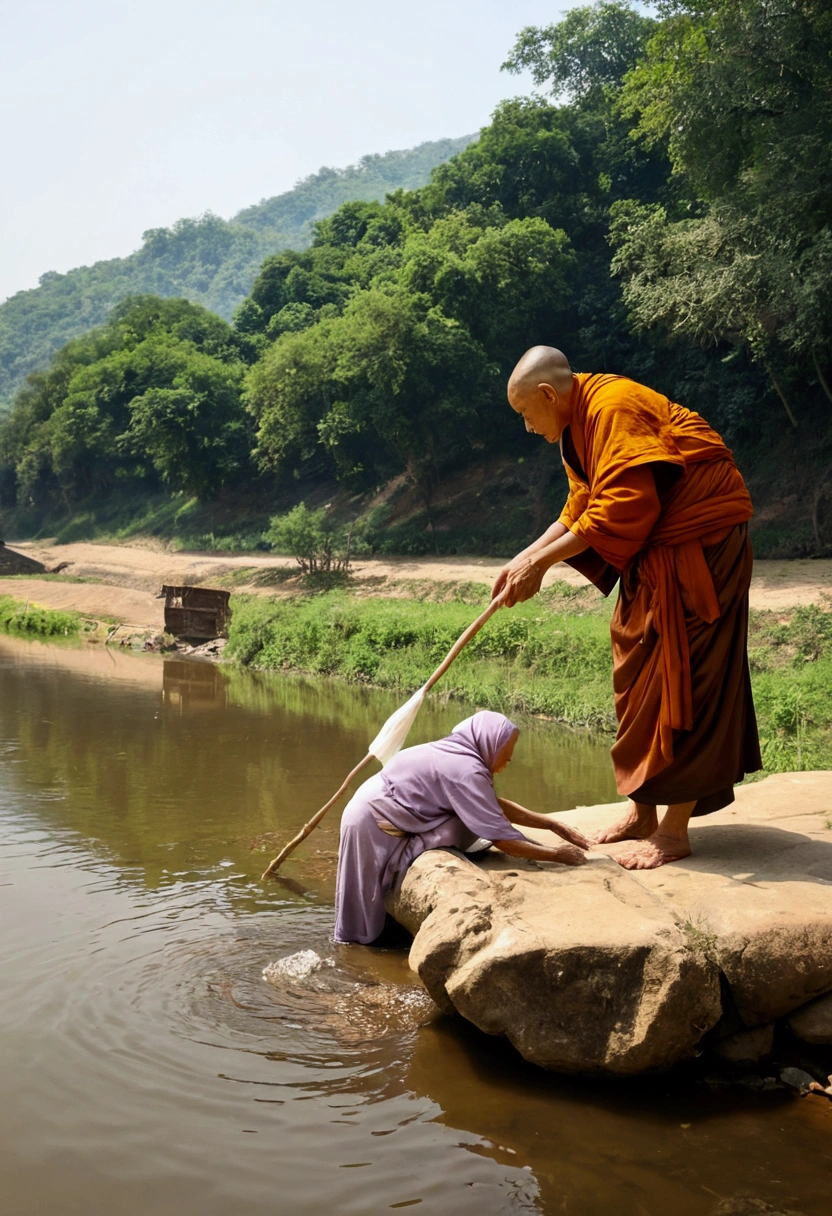 old woman washing cloth at river,The monks watching from behind