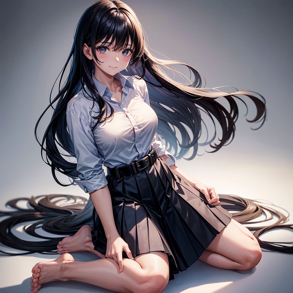 1girl, bangs, bare legs, barefoot, belt, belt buckle, black belt, black eyes, black hair, blue skirt, breasts, brown belt, buckle, closed mouth, collared shirt, dress shirt, feet, full body, gradient, gradient background, grey background, hair between eyes, long hair, long sleeves, looking at viewer, medium breasts, pleated skirt, seiza, shirt, sitting, skirt, soles, solo, toes, wariza, white shirt, smile. Detailed 