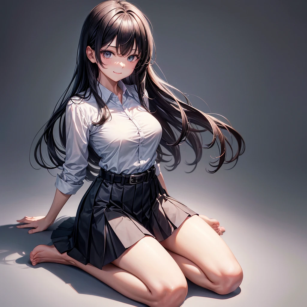 1girl, bangs, bare legs, barefoot, belt, belt buckle, black belt, black eyes, black hair, blue skirt, breasts, brown belt, buckle, closed mouth, collared shirt, dress shirt, feet, full body, gradient, gradient background, grey background, hair between eyes, long hair, long sleeves, looking at viewer, medium breasts, pleated skirt, seiza, shirt, sitting, skirt, soles, solo, toes, wariza, white shirt, smile. Detailed 