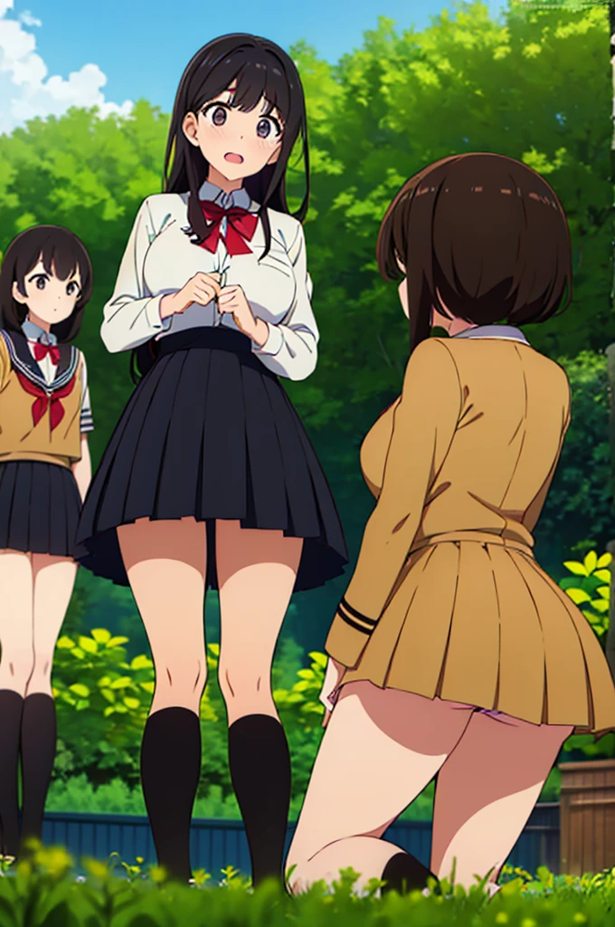 (Three Women:1.5) ,Dark Brown Hair,Black Hair,(Nose Brush:1.7) ,Surprised,Open your mouth,(school uniform),(Panties in full view:1.7),(Extremely high quality),(mini skirt),nature,garden,Shiny legs, Thighs,Cute face,(Looking up from below),tall,squat