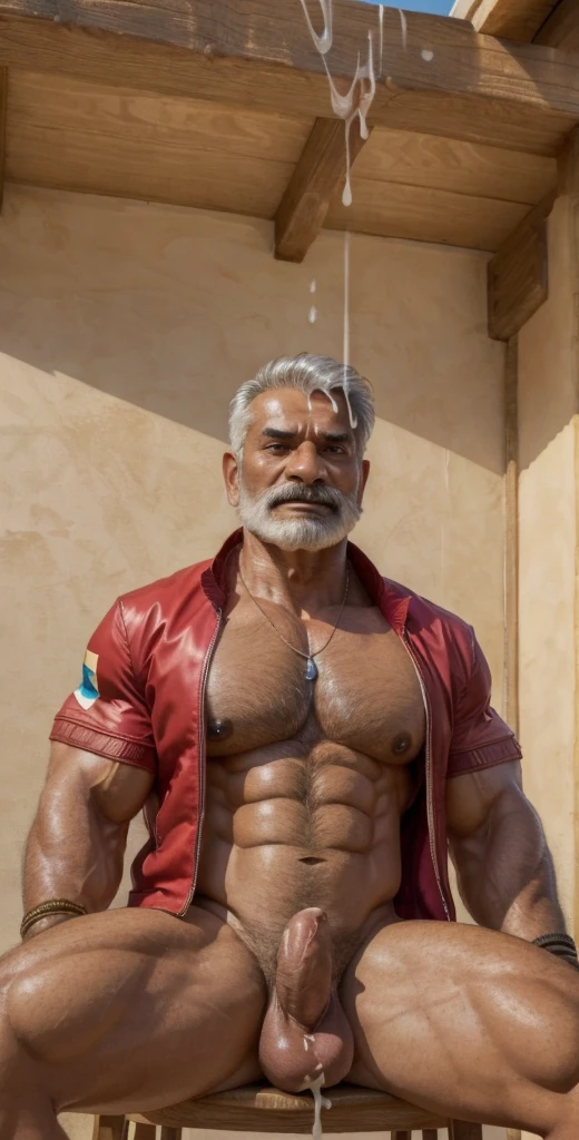 (masterpiece, intricately detailed, highest resolution, best quality:1.2), (doujin), a cocky old Indian pajeet, a 24 y.o muscle stud with a muscular physique sitting on a chair with black eyes,very dark-skinned male, wearing a ((open jacket, chav, armbands)), (excessive cum), (cum on body), (cum drip), flaccid penis,saggy balls,hairy chest,vascular,muscle striations,soft light,fantastic realism,