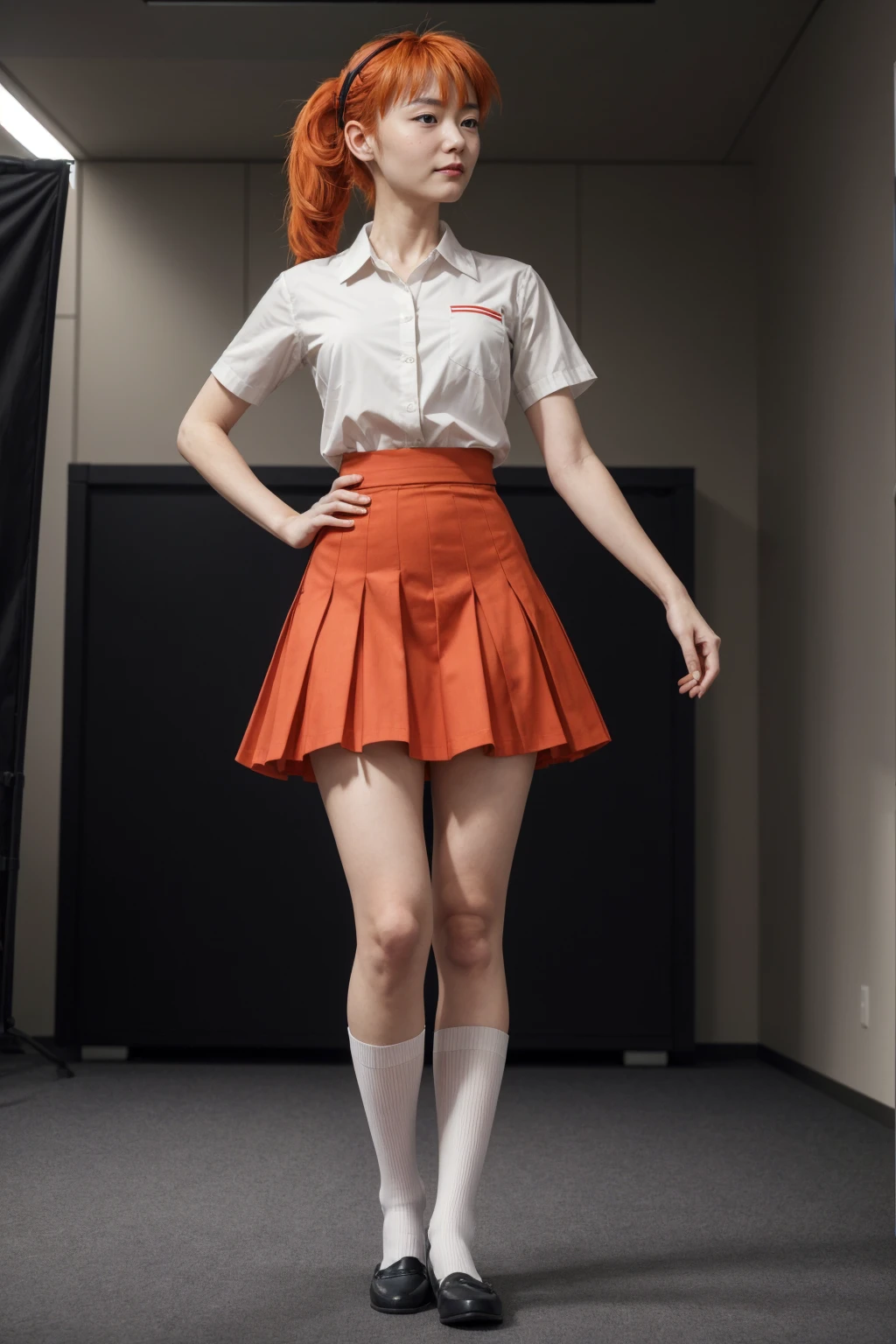 (1 lady), (Best quality at best:1.4), (ultra - detailed), (extremely detailed CG unified 16k), A Beautiful Woman with Perfect Figure: 1.4, Sharp Focus: 1.2, very detailed, High-definition RAW color photo, professional photoshooting, amazing face and eyes, (amazingly beautiful girl), ((masterpiece)), asuka, long hair, looking at viewer, blue eyes, skirt, shirt, hair ornament, ribbon, green eyes, standing, white shirt, short sleeves, sky, socks, cloud, orange hair, red ribbon, blue skirt, kneehighs, arms behind back, robot, mecha, science fiction, interface headset, tokyo-3 middle , evangelion (mecha), royal, royal background, ((masterpiece)), realistic cinematic face, head to feet mid-range wide zoomed out view,full body long view, photorealistic, ((highres))