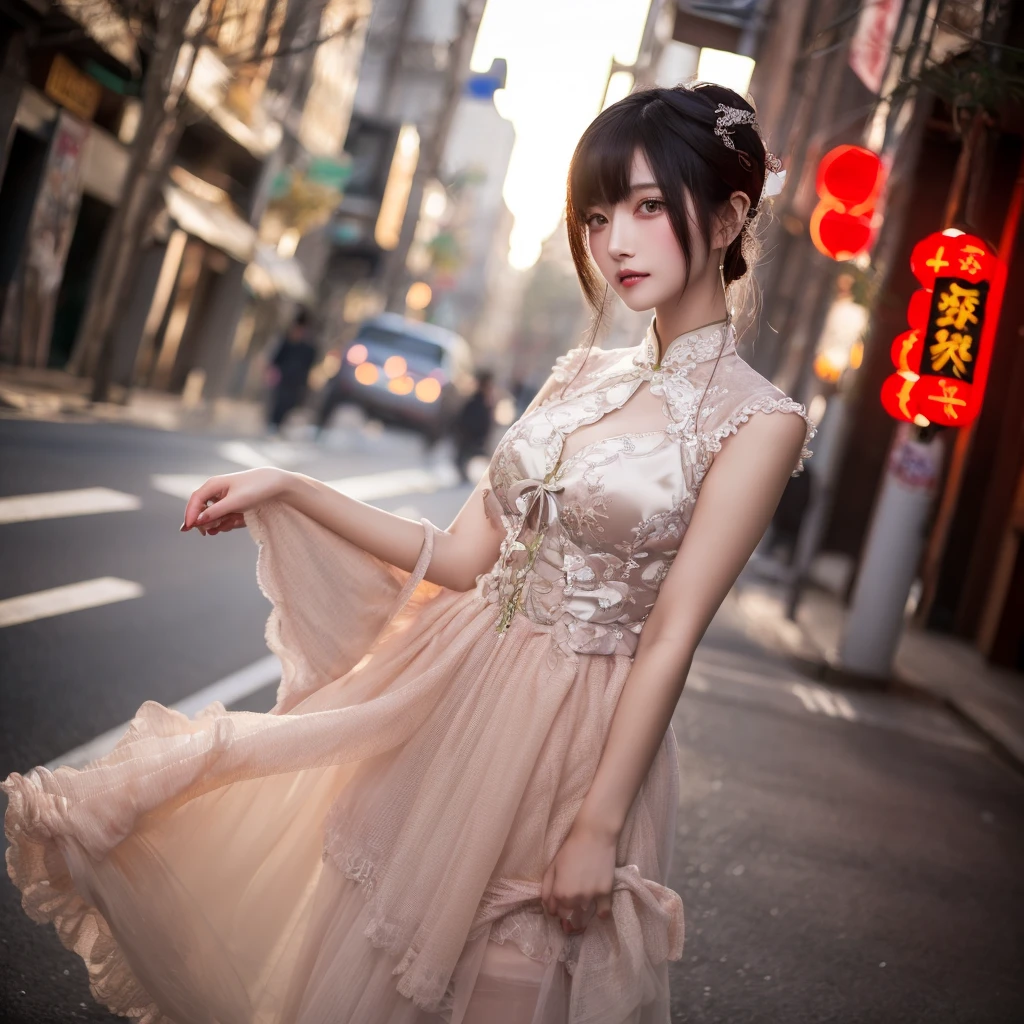 30-year-old woman,China dress(Smooth and shiny fabric),Photorealistic,Perfect Eyes,squint,Really beautiful girl,3d,Delicate skin,The bust is very large、Full body image、The background is Chinatown、Extreme slit、I can see her pussy