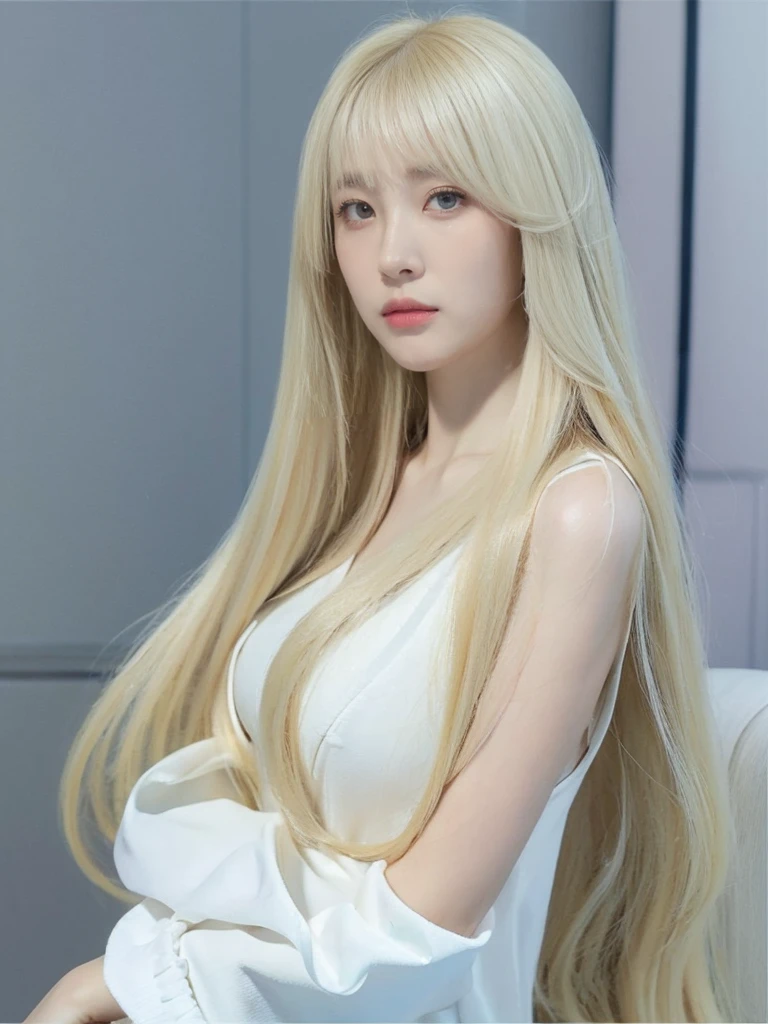 Beautiful super long straight hair、Bright blonde girl posing in white top、long bangs that extend to the eyes and nose,、fair skin with glossy skin、Real life girls、**** girl、Beautiful platinum blonde girl shining in stunning gold color、Beautiful big blue eyes