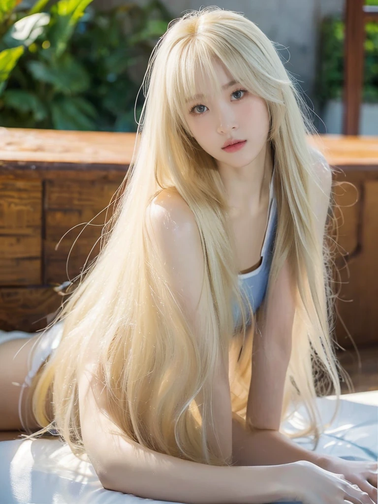 Beautiful super long straight hair、Bright blonde girl posing in white top、long bangs that extend to the eyes and nose,、fair skin with glossy skin、Real life girls、**** girl、Beautiful platinum blonde girl shining in stunning gold color、Beautiful big blue eyes