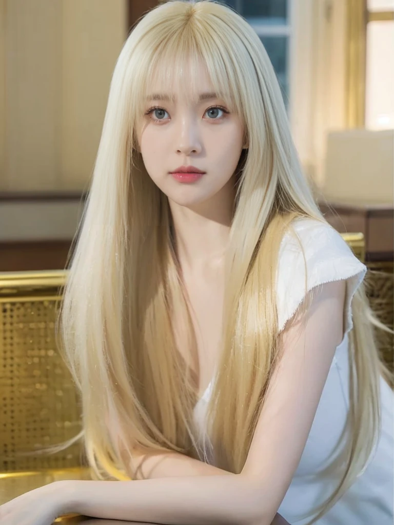 Beautiful super long straight hair、Bright blonde girl posing in white top、long bangs that extend to the eyes and nose,、fair skin with glossy skin、Real life girls、**** girl、Beautiful platinum blonde girl shining in stunning gold color、Beautiful big blue eyes