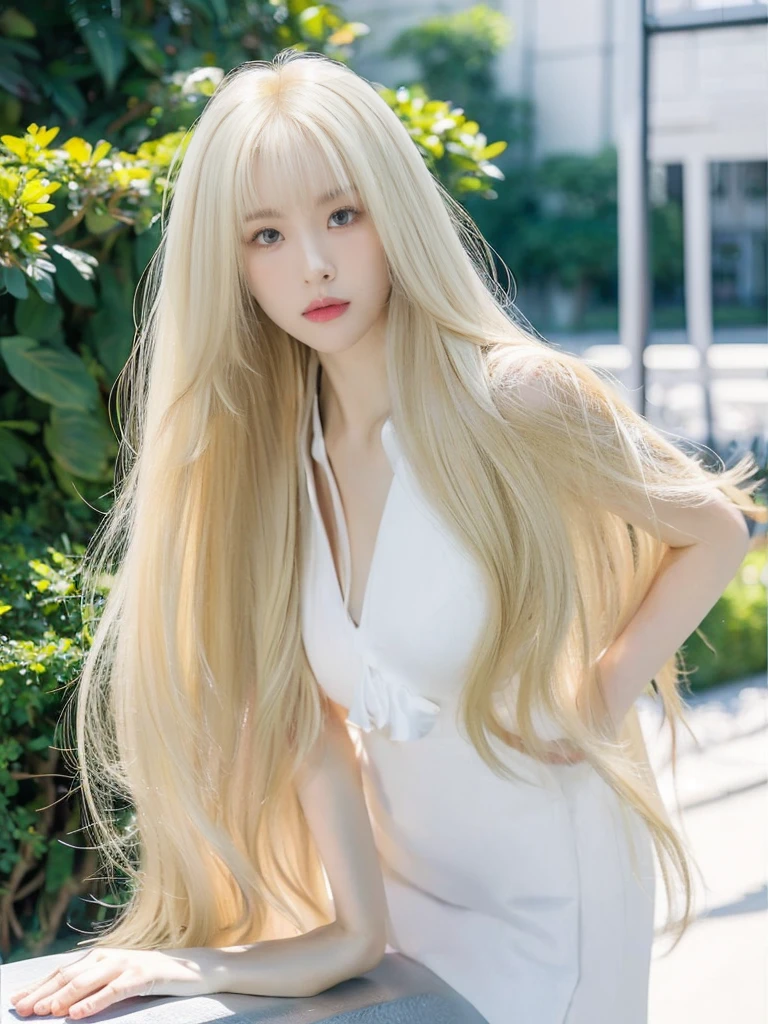 Beautiful super long straight hair、Bright blonde girl posing in white top、long bangs that extend to the eyes and nose,、fair skin with glossy skin、Real life girls、**** girl、Beautiful platinum blonde girl shining in stunning gold color、Beautiful big blue eyes