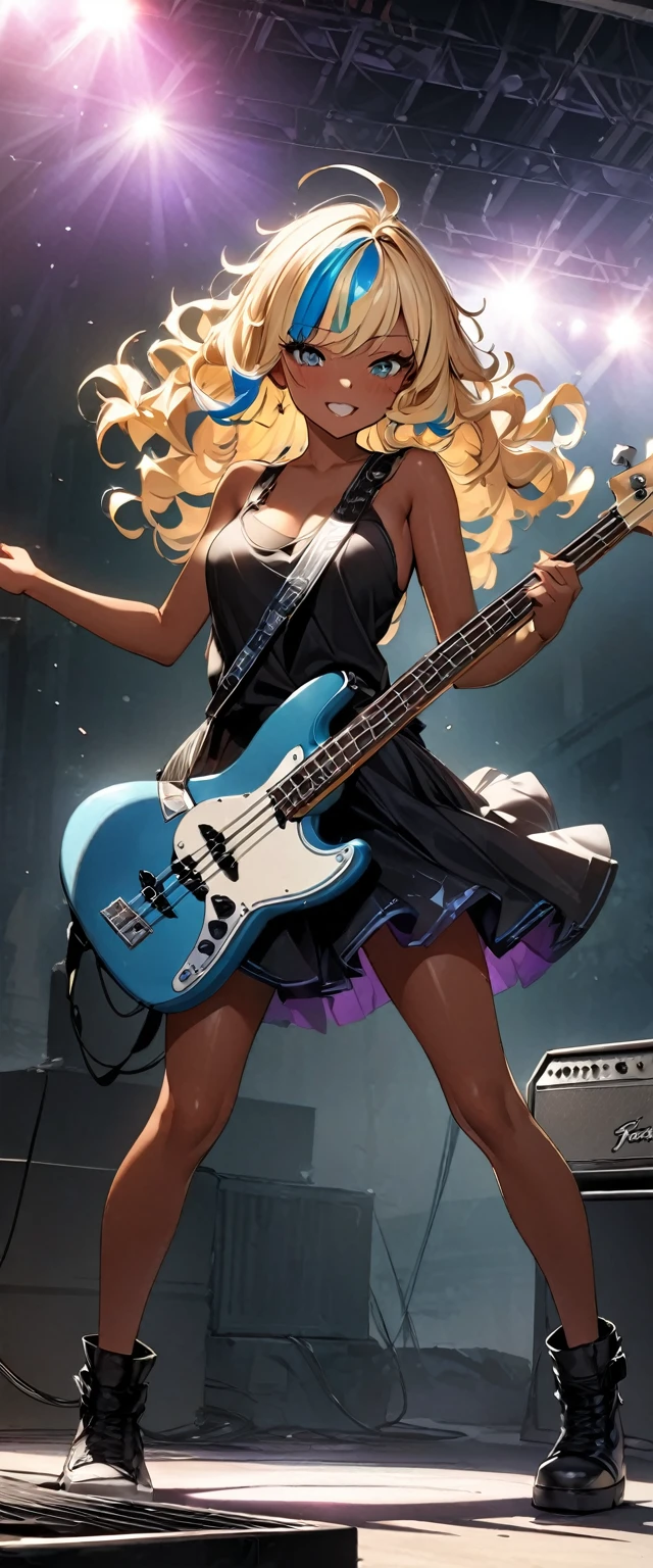 (highest quality:1.2, Very detailed, up to date, Vibrant, Ultra-high resolution, High Contrast, masterpiece:1.2, highest quality, Best aesthetics), Portraiture、girl、slim, stage、performance、Rock Music、Bright colors、Beautiful fine details、Beautiful lip detail、extra short hair, ((wavy hair:1.2))、messy hair, blonde and blue ((streaked hair:1.5)), highlights hair: 1.3, middium breast, (tan skin:1.3), Music band、standing with legs wide open, (powerful pose:1)、Cheerful pose, Concert Light、Edgy Style、black tank top、((Dynamic Movement:1))、hypnotic sounds、Stadium、amplifier、Loud music、Electric bass、((playing bass:1.3)), Fender bass, (mike stand:1), singing, Powerful vocals、Passionate performance、Sparkling stage、Concert atmosphere、Music Festival、Full of emotion、Rock star attitude、Resolute expression、Avid Fan、The presence of an attractive stage、 Expressive gestures、Rock star aura、An exciting atmosphere、Sing with all your heart、An unforgettable show, ((full body:1.5)),