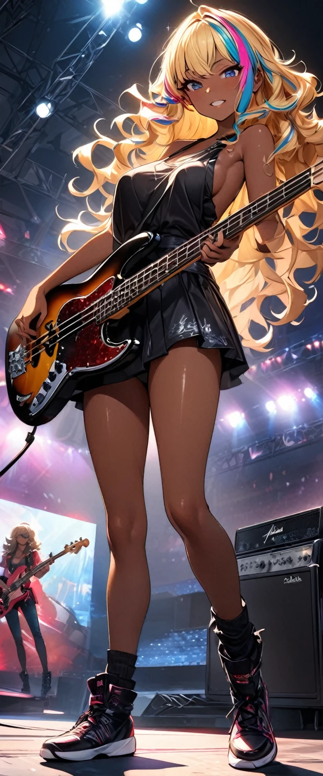 (highest quality:1.2, Very detailed, up to date, Vibrant, Ultra-high resolution, High Contrast, masterpiece:1.2, highest quality, Best aesthetics), Portraiture、girl、slim, stage、performance、Rock Music、Bright colors、Beautiful fine details、Beautiful lip detail、extra short hair, ((wavy hair:1.2))、messy hair, blonde and blue ((streaked hair:1.5)), highlights hair: 1.3, middium breast, (tan skin:1.3), Music band、standing with legs wide open, (powerful pose:1)、Cheerful pose, Concert Light、Edgy Style、black tank top、((Dynamic Movement:1))、hypnotic sounds、Stadium、amplifier、Loud music、Electric bass、((playing bass:1.3)), Fender bass, (mike stand:1), singing, Powerful vocals、Passionate performance、Sparkling stage、Concert atmosphere、Music Festival、Full of emotion、Rock star attitude、Resolute expression、Avid Fan、The presence of an attractive stage、 Expressive gestures、Rock star aura、An exciting atmosphere、Sing with all your heart、An unforgettable show, ((full body:1.5)),