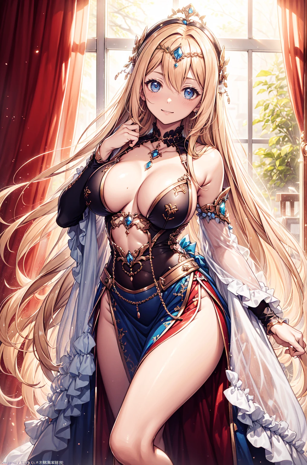 {{{{Masterpiece}}}}, {{{Excellent details}}}, {{{high definition}}}, {{good anatomy}}, (((best quality))), ((Very delicate and beautiful)), {{Very detailed and neat..}}, {วอลล์เปเปอร์ 8k cgi}, {{Enlightenment}}, (Holy God Set:1.2),Blonde,blue eyes,ruffle,clear lace,beautiful accessories,exquisite pattern,Decorated so beautifully.,legendary crown,See through transparent clothes,There are a small amount of dark blue-white stripes..,Beautiful and delicate face,Bedroom scenes in western legends,at night,light,at night,There is only one person..,(Flow skirt:1.1),Attractive posture,(((Breast curtain))) And loincloths..,rift, visible chest