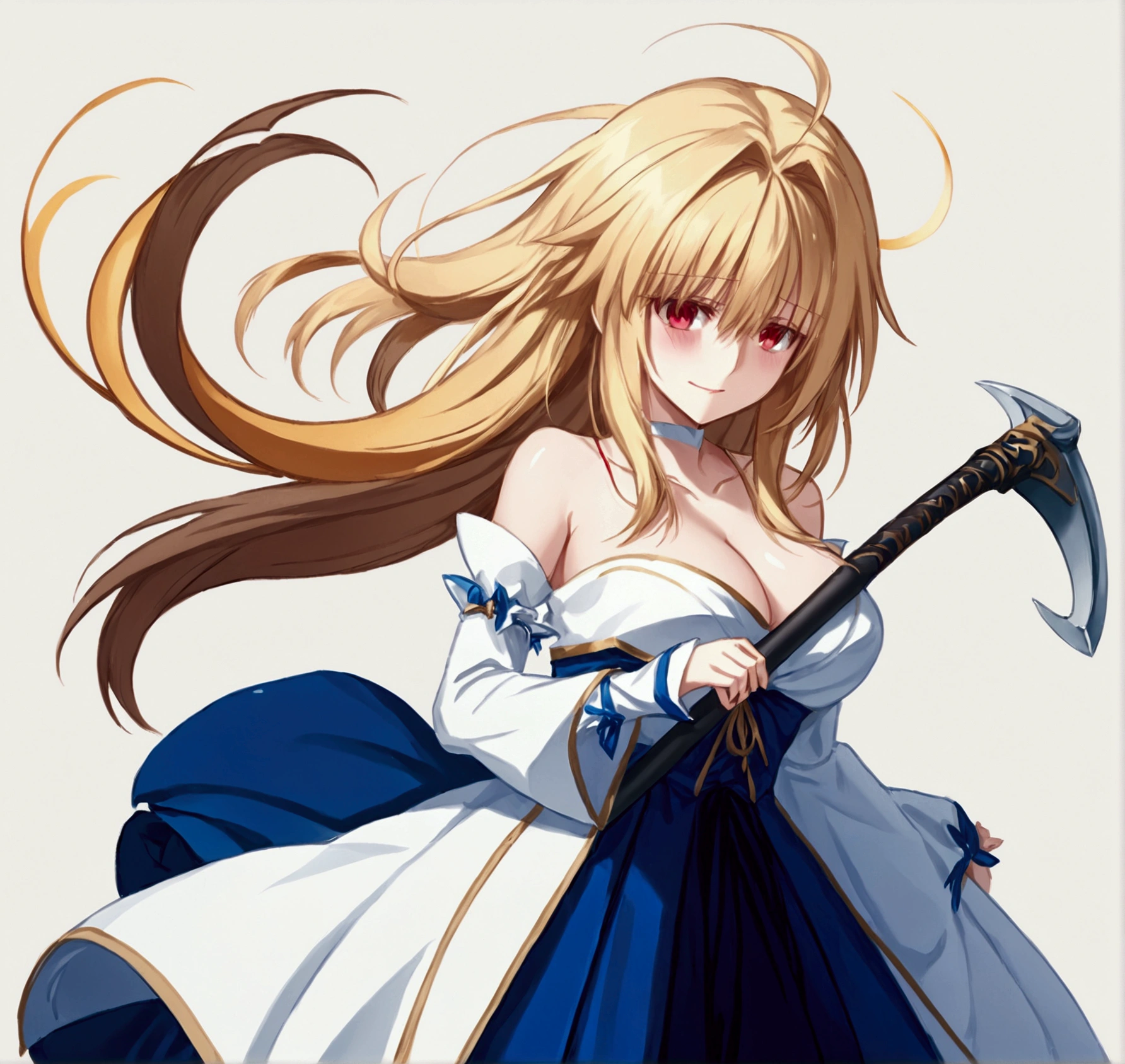 an elegant woman with flowing hair in a blue dress and skirt carrying a scythe, 1girl, arcueid brunestud, solo, breasts, long hair, blonde hair, red eyes, cleavage, large breasts, dress, bare shoulders, detached sleeves, very long hair, arcueid