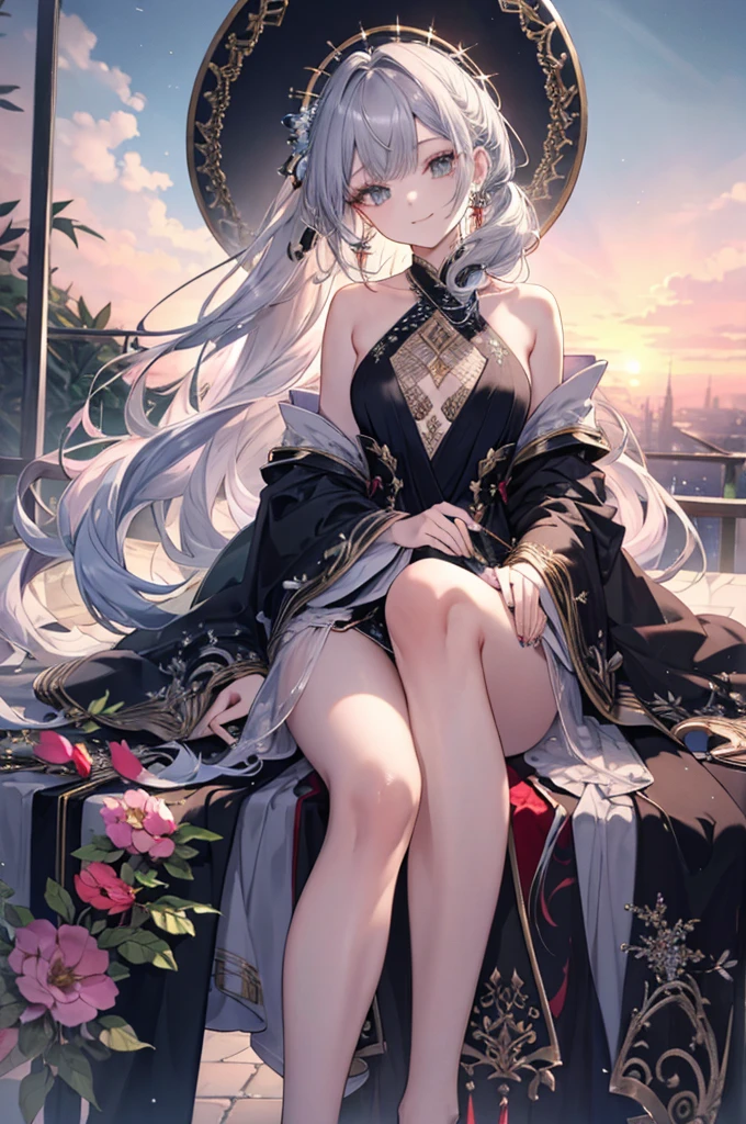 High resolution RAW color art, animation,Sculpture, Silver Marble Skin, (((Very detailed and calming))), Magical atmosphere, Detailed skin, Detailed eyes、Detailed Hair、Detailed Fashion、texture,(Exquisitely crafted, The finer details, Ultra-detailed art), Depth of written boundary, Bokeh, Silky Touch, Hyper Detail,Beautiful Eyes, Elegant face, Up to the knees, Sunset sky, View from below, eye shadow、long hair、straight、Low Ponytail、Black clothes、Shoulder exposed、Robe、Smile