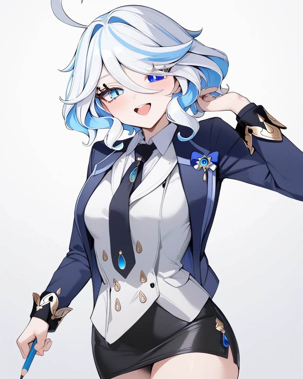 masterpiece,best quality,1girl, furina \(genshin impact\), genshin impact, cowlick, blue jacket, simple background, open mouth, streaked hair, upper teeth only, solo, long hair, light blue hair, white background, smile, white hair, ahoge, long sleeves, hair between eyes, (((skirt suit))), (((three-piece suit))), (((dark dress shirt))), (((necktie))), (((blazer))), (((black lapel))), (((suit jacket))), ((white waistcoat)), double-breasted waistcoat, (((bodycon pencil skirt))), pocket square, cufflinks, tie clip , tailored suit,