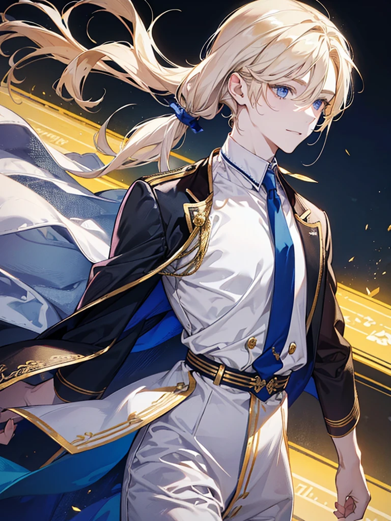 Young man he wear a white shirt , he has golden hair and low pony tail and blue eyes , he smiled.
