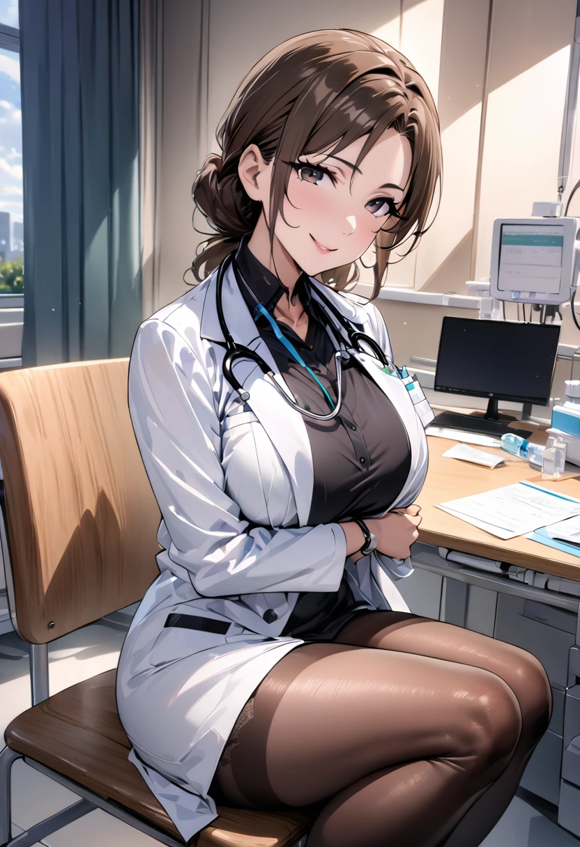 8K picture quality, ultra high definition, stunning mature beauty, intellectual elegance, brown hair, (best quality, masterpiece: 1.2),1lady solo, sitting, (looking at viewers), (white lab coat) stylish outfit, mature female, /(dark brown hair/) bangs, kind smile, (masterpiece best quality:1.2) delicate illustration ultra-detailed, large breasts, pantyhose, /(stethoscope around neck/) BREAK (hospital examination room) indoors, work desk, detailed background,(((doctor)))