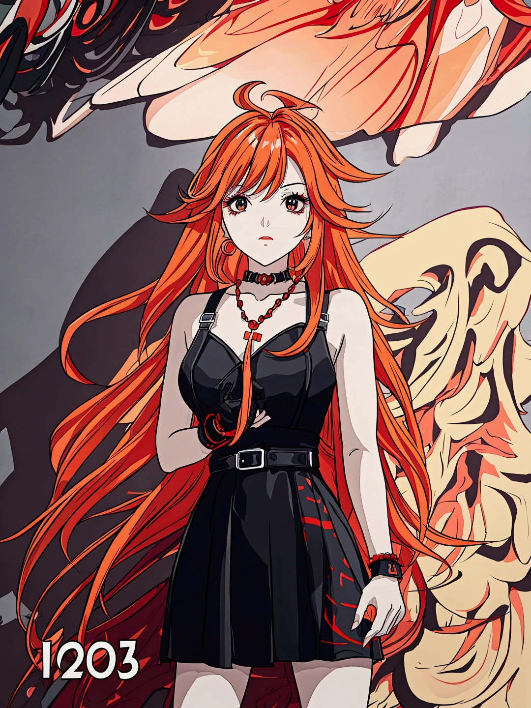 Anime girl in red, orange and black suspender skirt in front of graffiti wall, 28 years old,long hair anime girl, She has long orange-yellow hair., Attractive anime girl,Bare arms,Bare arms,Bare legs,Black necklace,Front view,First Perspective,high quality,16K,Exciting appearance,very clearly,Exquisite mature facial,Royal sister,Simple black suspender skirt,Alone,Standing front,Hands hanging down,High heel,whole body