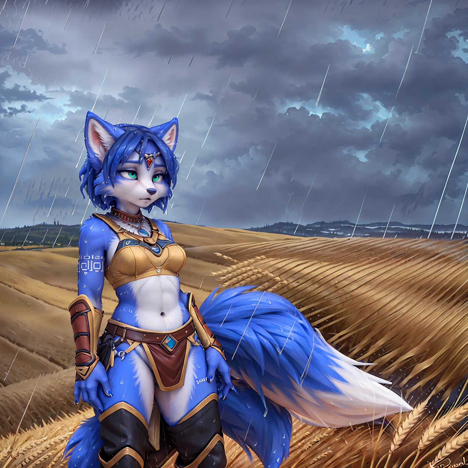 A beautiful and detailed (sweet picture) of ((Krystal)), Star Fox Krystal, green eyes, medium breasts, (((Long blue hair 1.3))), anthro, furry, (of Fluff-Kevlar, Bayard Wu, Personalami, Pino Daeni), detailed fluffy fur, detailed face, (fluffy), 1 girl, alone, hair cover one eye:1.4, (((stands in the rain:1.4))), Heavy rain, storm, (((stands on a wheat field:1.3))), (((looks at the sky:1.4))), has a sad facial expression, to see from the side, to see in profile, wears tribal clothing with leather armor, wears tribal top with leather armor