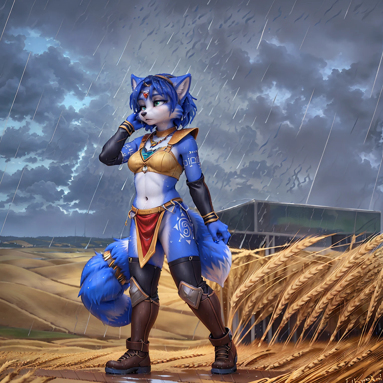 A beautiful and detailed (sweet picture) of ((Krystal)), Star Fox Krystal,  green eyes, medium breasts, (((Long blue hair 1.3))),  anthro, furry, (of Fluff-Kevlar, Bayard Wu, Personalami, Pino Daeni),  detailed fluffy fur, detailed face, (fluffy), 1 girl, alone, hair cover one eye:1.4, (((stands in the rain:1.4))), Heavy rain, storm, (((stands on a wheat field:1.3))), (((looks at the sky:1.4))), has a sad facial expression, to see from the side, to see in profile, wears tribal clothing with leather armor, wears tribal top with leather armor