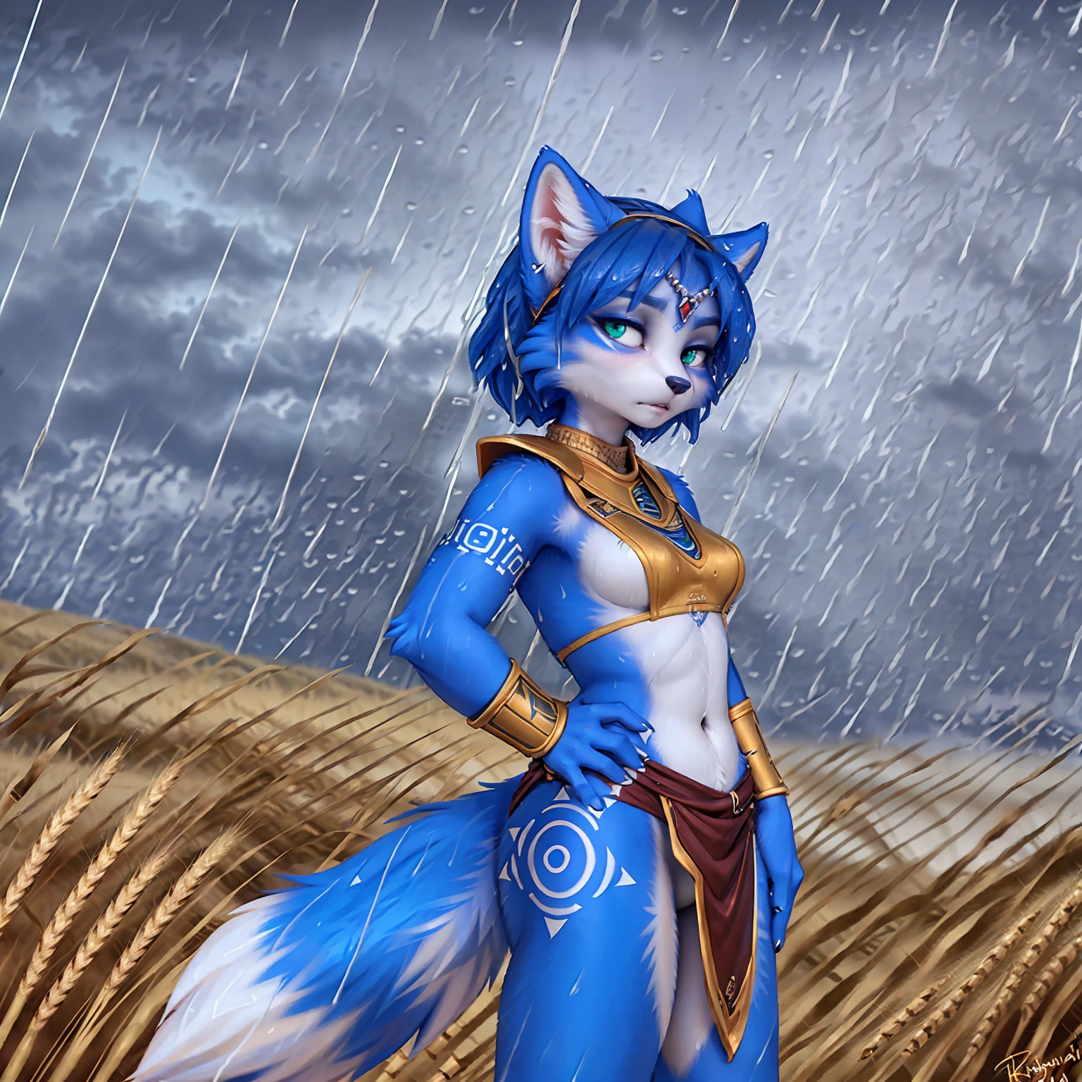 A beautiful and detailed (sweet picture) of ((Krystal)), Star Fox Krystal,  green eyes, medium breasts, (((Long blue hair 1.3))),  anthro, furry, (of Fluff-Kevlar, Bayard Wu, Personalami, Pino Daeni),  detailed fluffy fur, detailed face, (fluffy), 1 girl, alone, hair cover one eye:1.4, (((stands in the rain:1.4))), Heavy rain, storm, (((stands on a wheat field:1.3))), (((looks at the sky:1.4))), has a sad facial expression, to see from the side, to see in profile, wears tribal clothing with leather armor, wears tribal top with leather armor