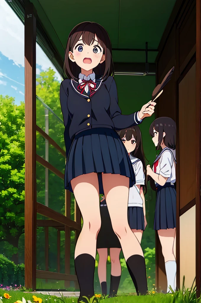 (Three Women:1.5) ,Dark Brown Hair,Black Hair,(Nose Brush:1.7) ,Surprised,smile,(school uniform),(Panties in full view:1.7),(Extremely high quality),(mini skirt),nature,garden,Shiny legs, Thighs,Cute face,(Looking up from below),tall,squat,Wet and see-through