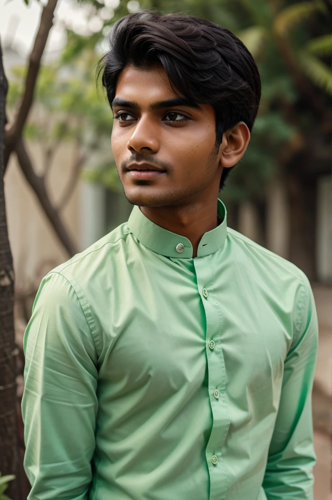 An Indian boy wearing a light green collar shirt looking straight ahead 