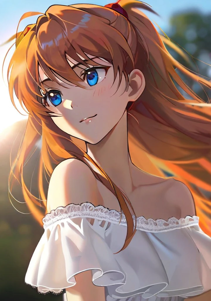 (masterpiece, best_quality:1.2), high resolution illustration, textile shading, extremely detailed CG unity 8k wallpaper, by yoneyama mai, by agm, by nixeu, cel shading, souryuu_asuka_langley, solo, serene smile, gentle expression, detailed beautiful face, blue eyes, perfect detailed eyes, strong will, red hair, intricate details hair, hair billowing in the gentle breeze, (perfect hands, perfect anatomy), upper body, (off shoulder), feminine, white detailed sundress, lace,golden hour,god rays, sunbeam,vanishing point,high chroma,chromatic_aberration,HQ, summer, blue sky, sun, dynamic angle, bokeh, 