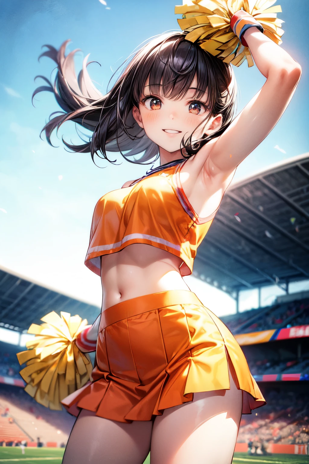 very cute and beautiful cheerleader girl,(highly detailed beautiful face),(holding pom poms:1.1),(smile:1.3),happy,
(stadium stands),cowboy shot,dynamic pose,(from below),(sleeveless orange cheerleader shirt),beautiful legs,
looking at viewer,black hair,hair band,
(best quality,masterpiece),absurdres,highres,ultra-detailed,extremely detailed,32k,8k resolution,
intricate details,cinematic scene,detailed background,solo,dynamic angle, hair fluttering in the wind,beautiful detailed sky,(realistic,photorealistic),