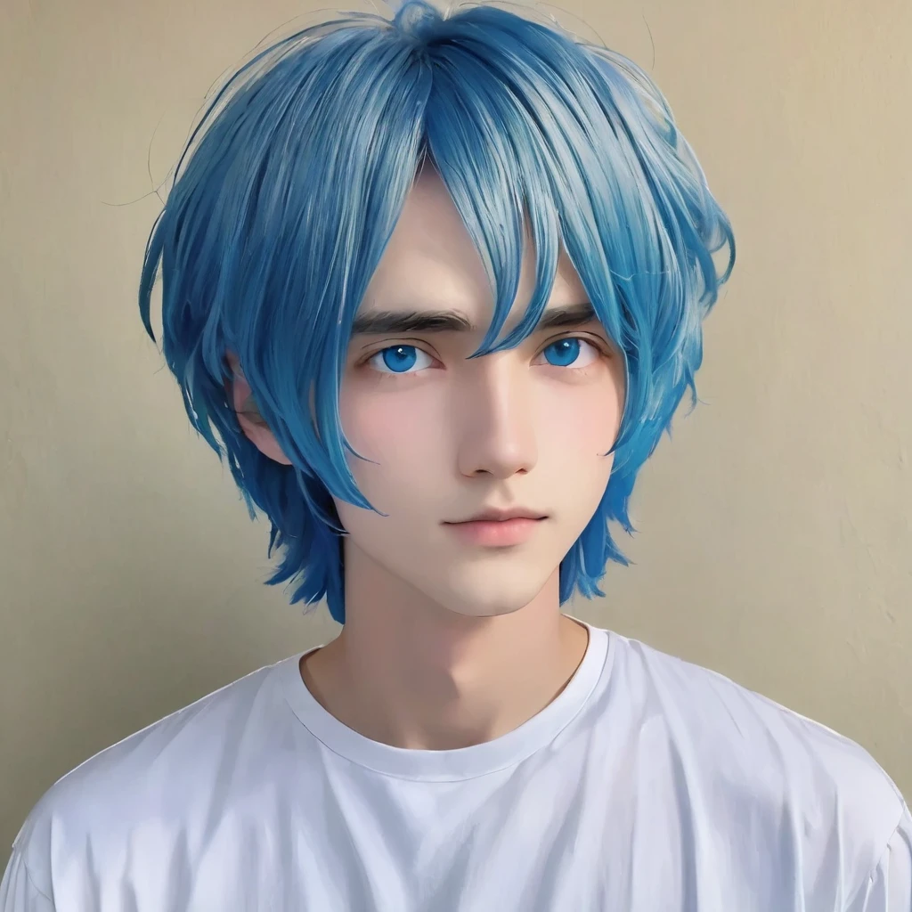 best quality, masterpiece, solo, 1boy, blue hair, white shirt, blue eyes, black beckground, full faces