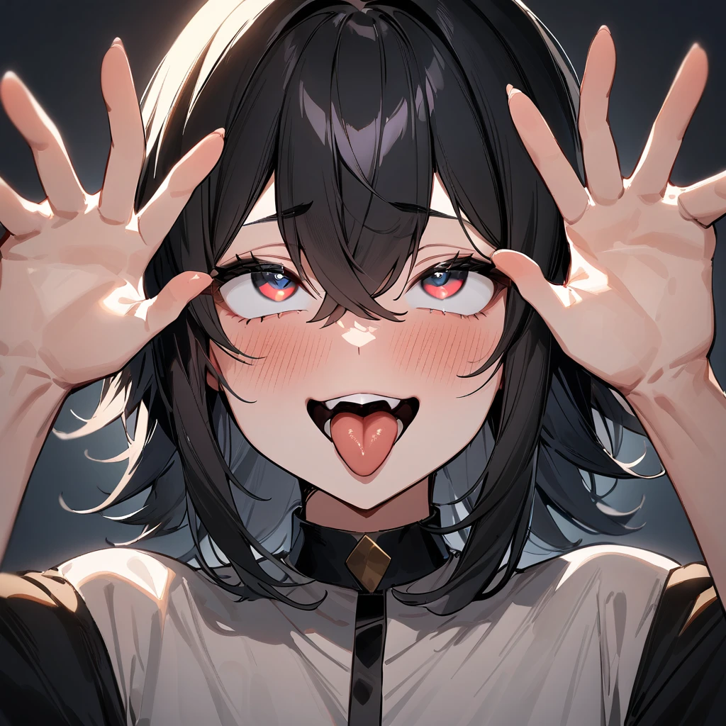 nsfw,portrait,1 girl,black hair,Tongue out,Androgynous,medium hair,sidelocks,Covered,masterpiece,best quality,very aesthetic,absurdres,upper body,straight-on,large,Covered,Smile,(upturned_eyes),From above,hands up, Ahegao