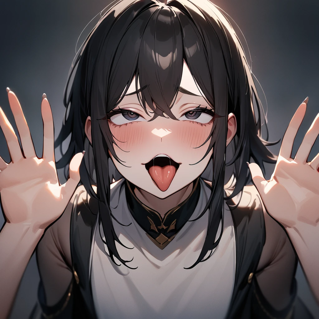 nsfw,portrait,1 girl,black hair,Tongue out,Androgynous,medium hair,sidelocks,Covered,masterpiece,best quality,very aesthetic,absurdres,upper body,straight-on,large,Covered,Smile,(upturned_eyes),From above,hands up, Ahegao